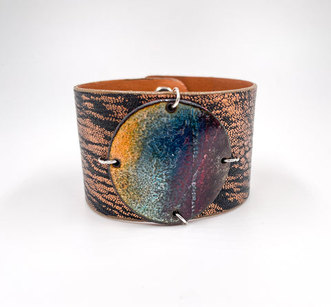 SALE Desert on Metallic Copper/Black leather narrow Enamel Cuff