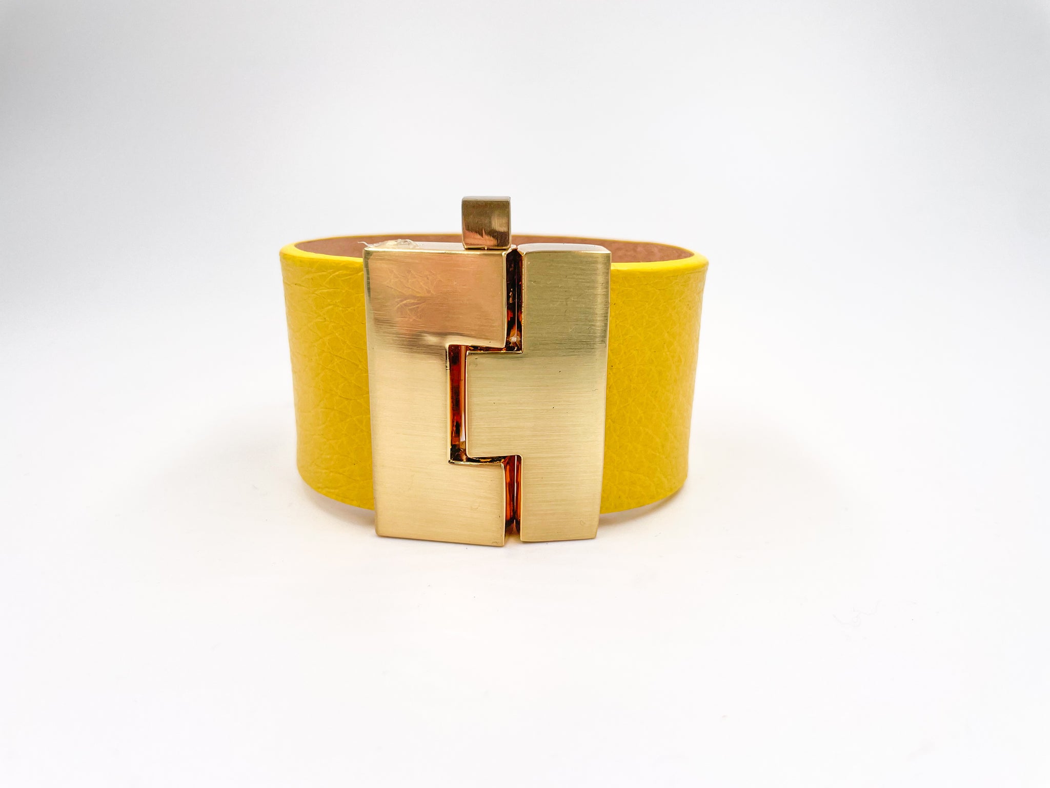 SALE Yellow Pebbled Leather Wide Jigsaw Cuff