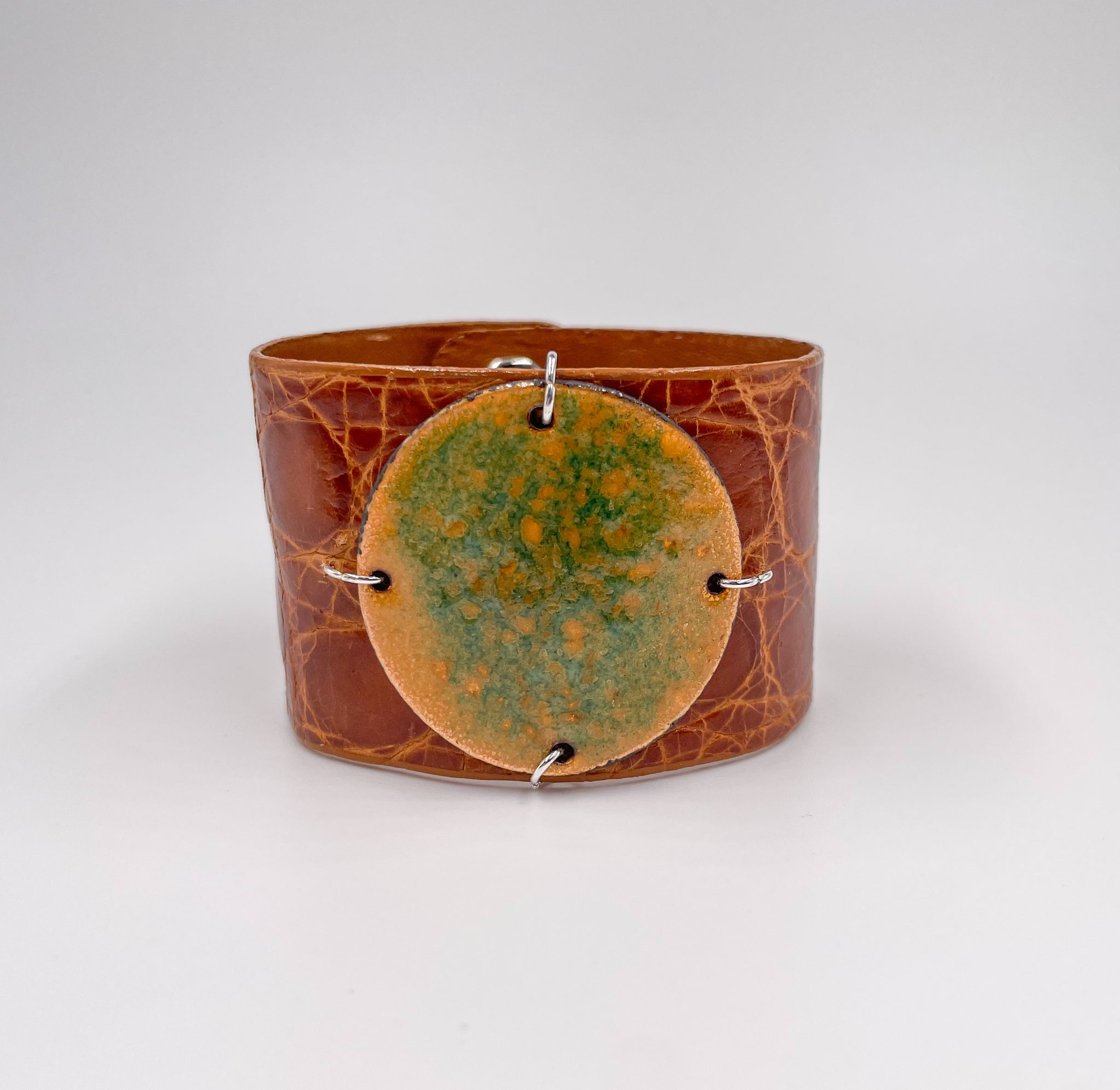 SALE Copper/Green on Caramel Crocodile Skin narrow Enamel Cuff