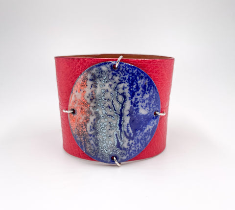 SALE Mediterranean on Red Ostrich Skin Wide Enamel Cuff