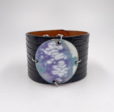 SALE Clouds on Black Lizard skin narrow Enamel Cuff