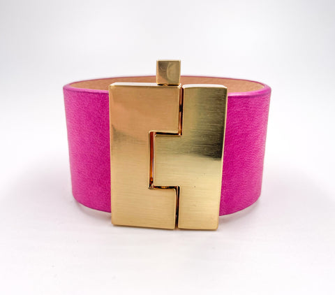 NEW Bright Pink Smooth Leather Wide Jigsaw Cuff
