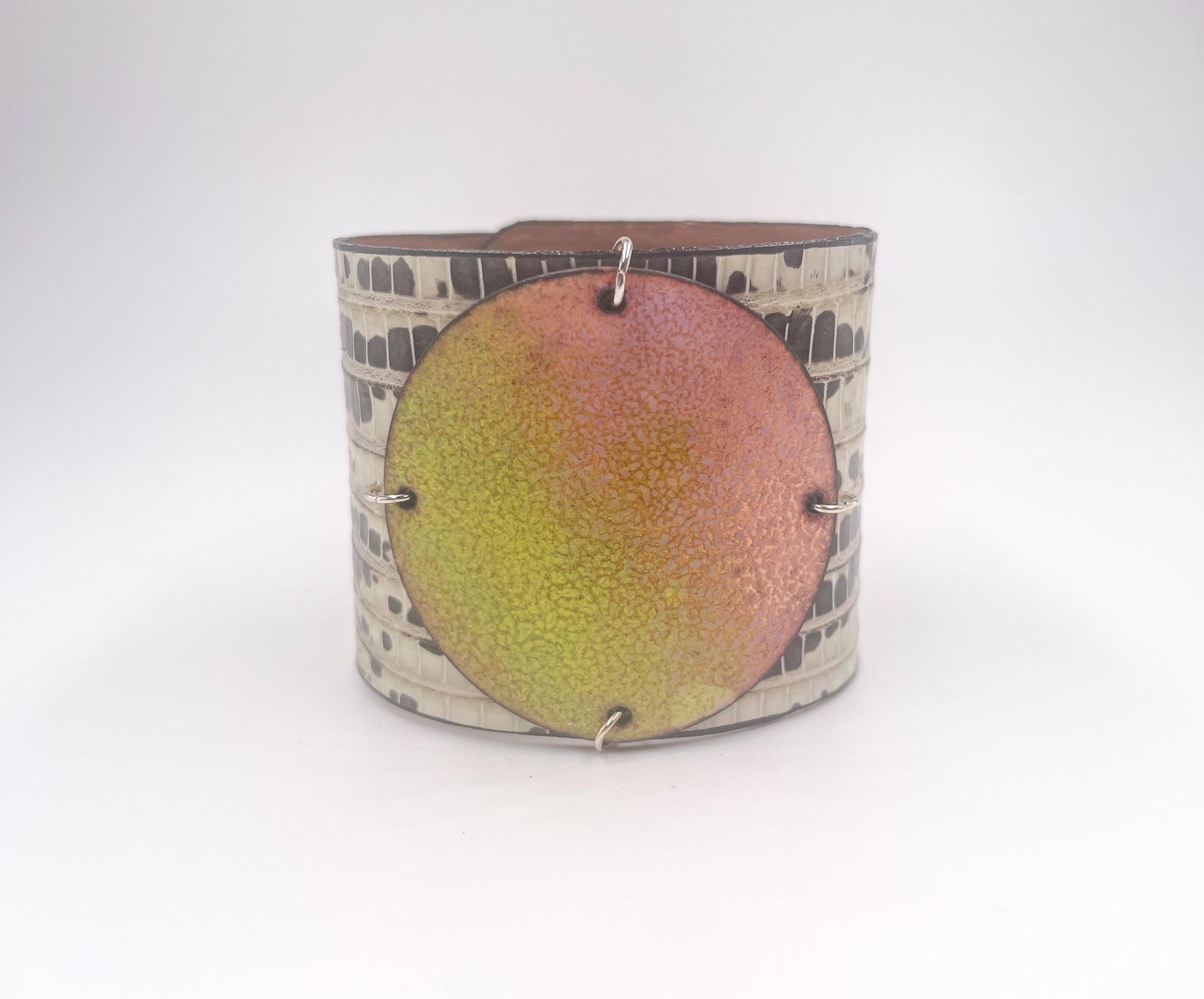 SALE Lime/Copper on White Marked Lizard Skin Wide Enamel Cuff