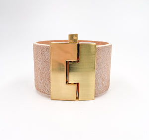 NEW Sparkly Snow Metallic Nude Leather Wide Jigsaw Cuff