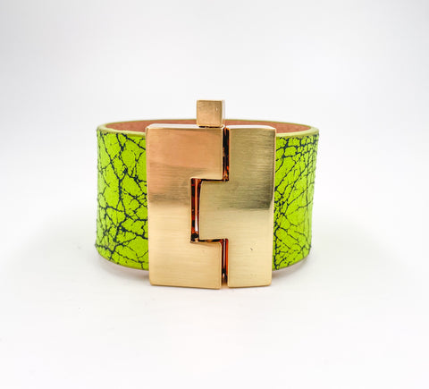 NEW Neon Green Crackled Leather Wide Jigsaw Cuff