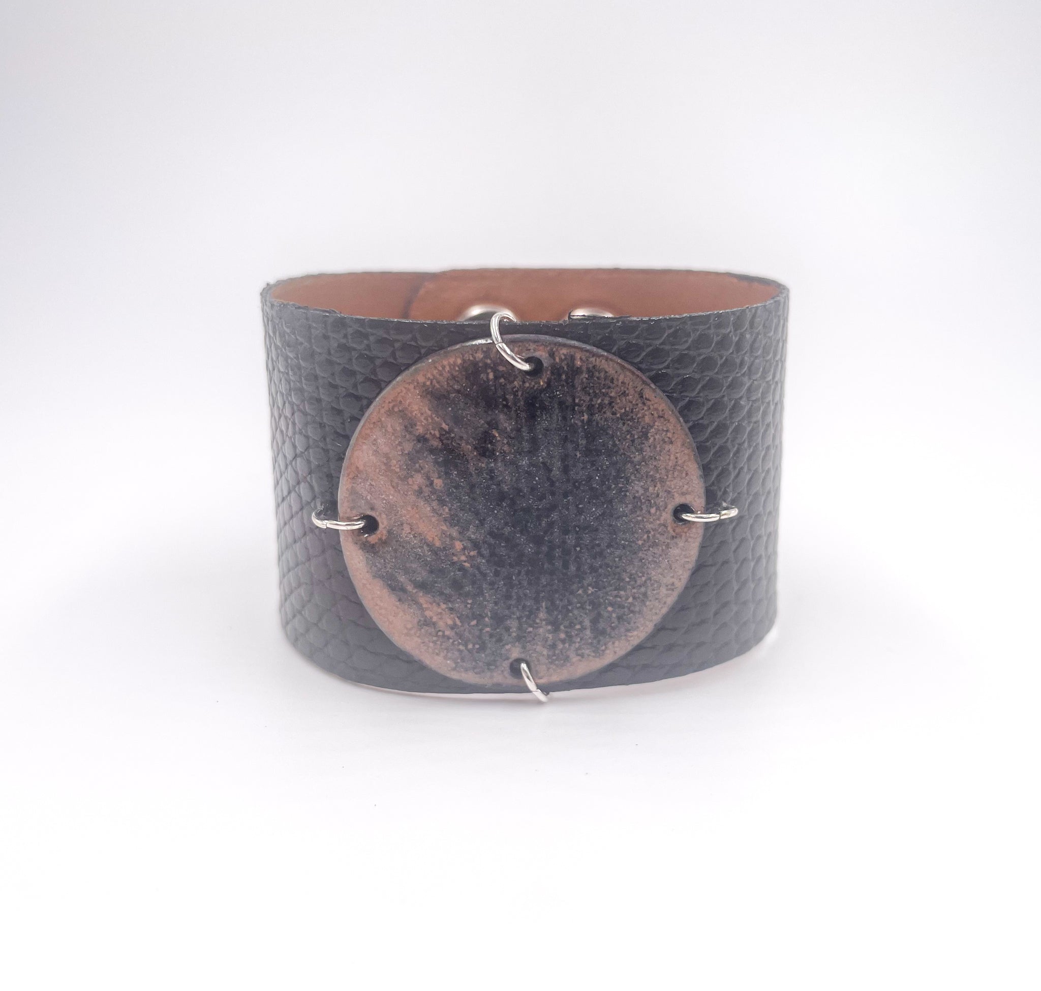 SALE Desert on Black Lizard skin narrow Enamel Cuff