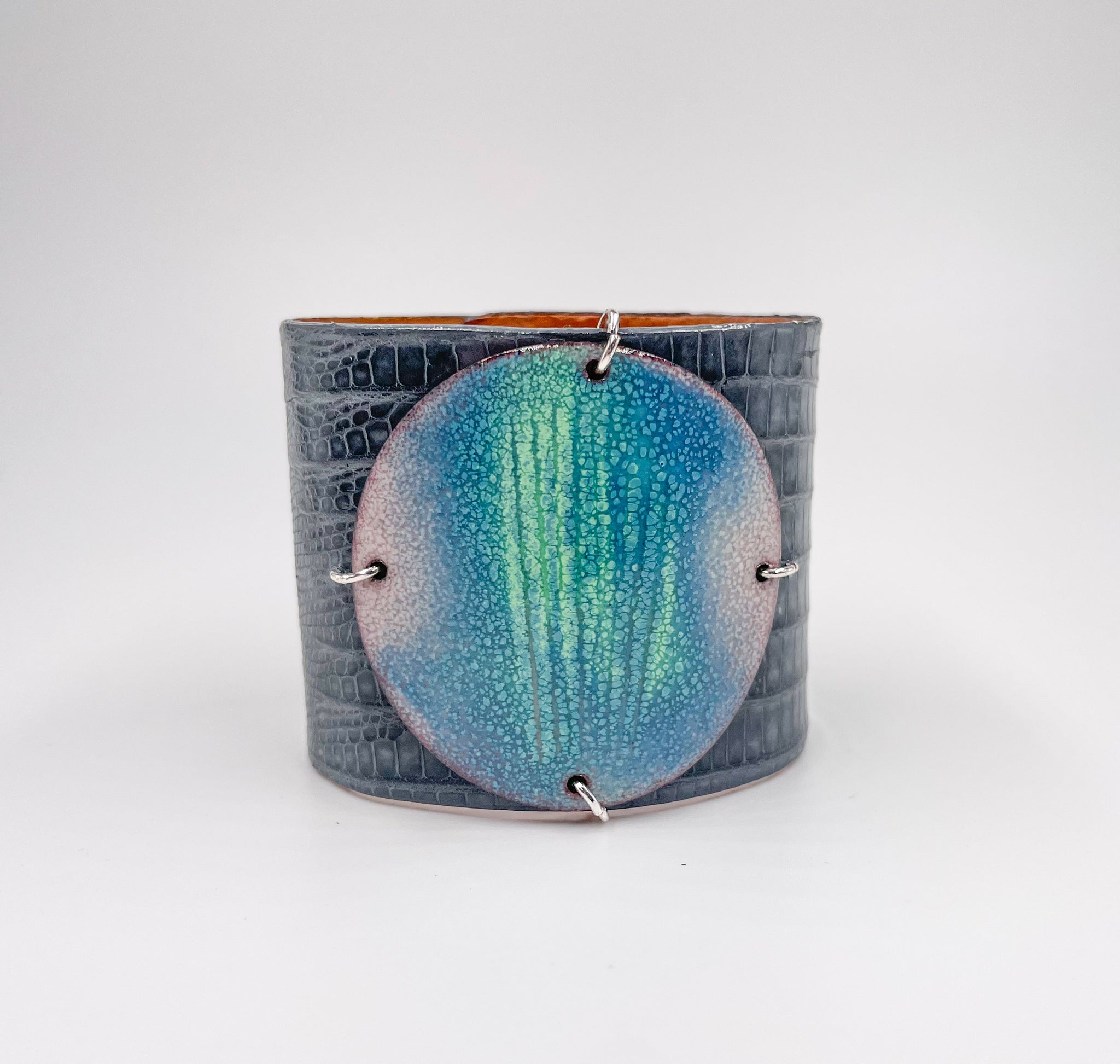 SALE Turquoise on Grey Lizard Skin Wide Enamel Cuff